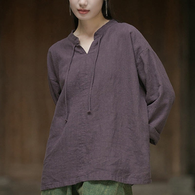Retro Solid Color Long Sleeve Ramie Linen Women's Shirt