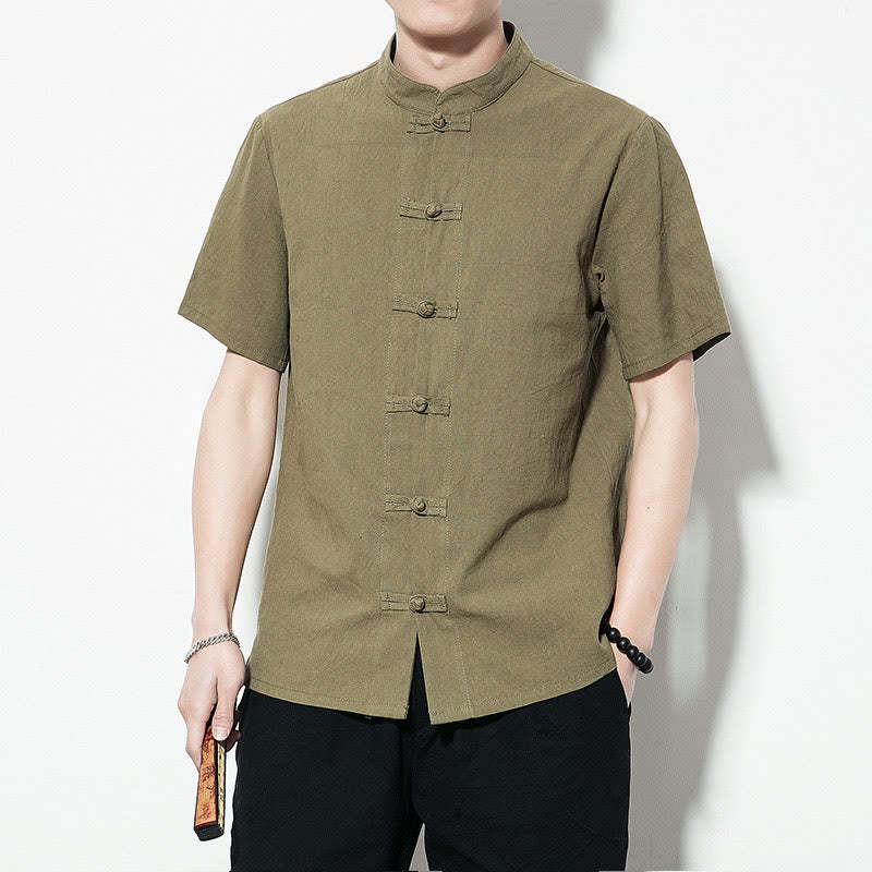 Casual Solid Color Front Frog Buttons Chinese Tang Suit Short Sleeve Linen Men's Shirt
