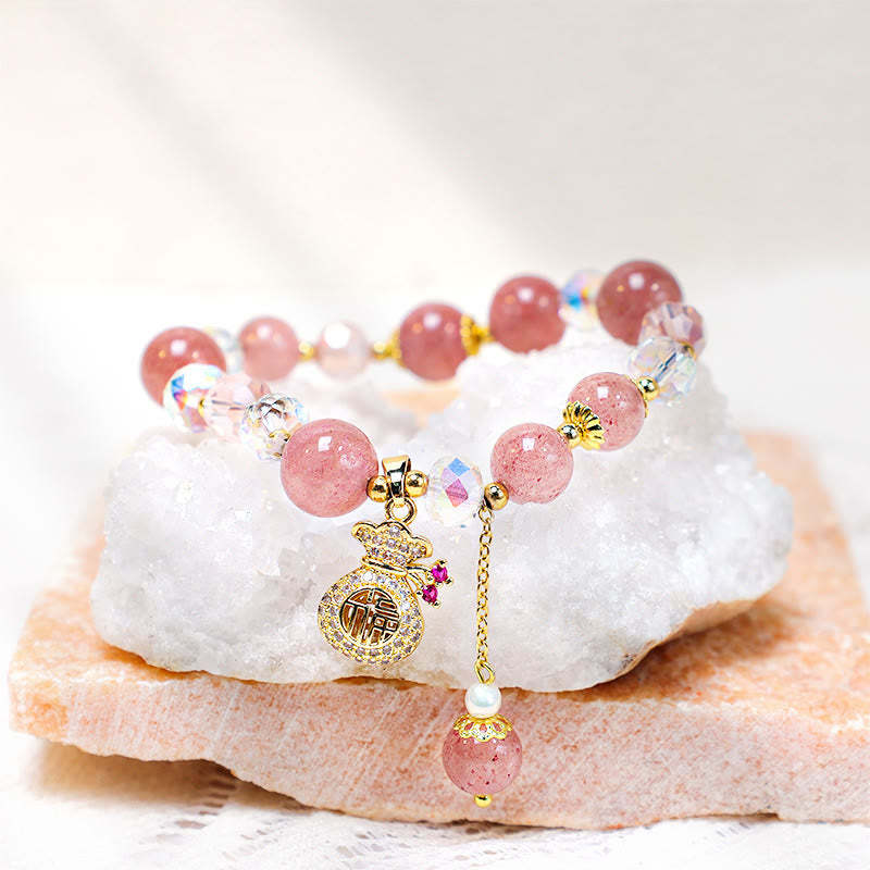 Love Healing Natural Strawberry Quartz Money Bag Charm Positive Bracelet