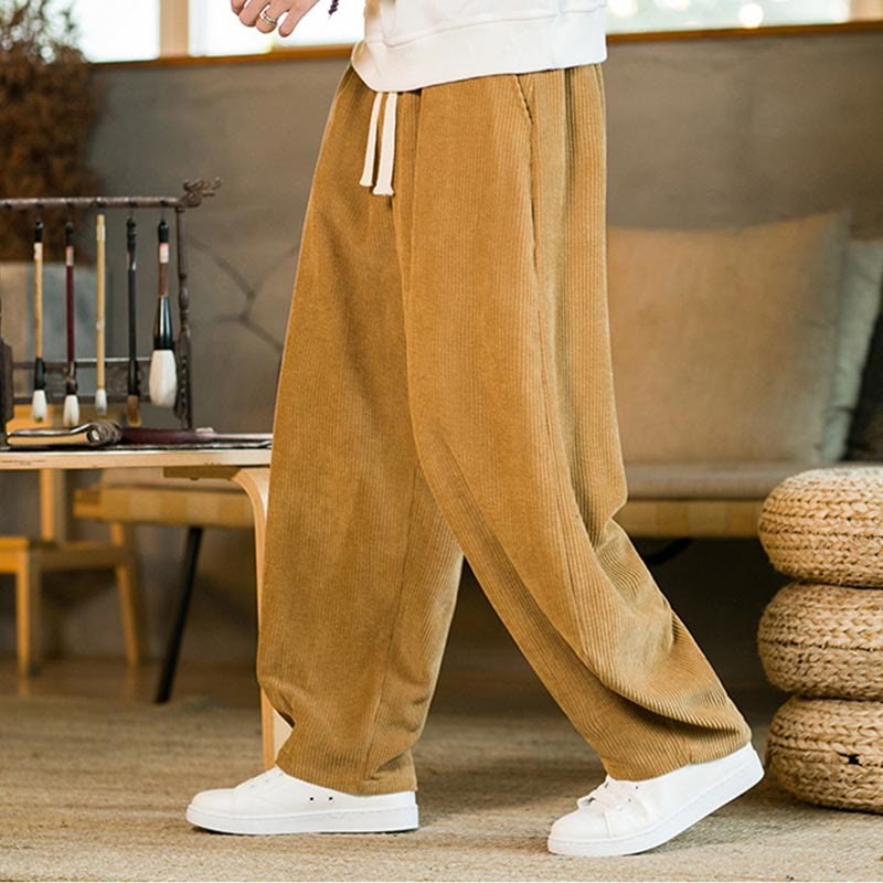 Fall Winter Men's Drawstring Corduroy Harem Pants With Pockets
