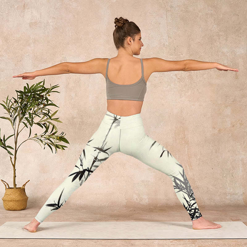 Ink Painting Bamboo Leaves Print Sports Leggings Women's Yoga Pants