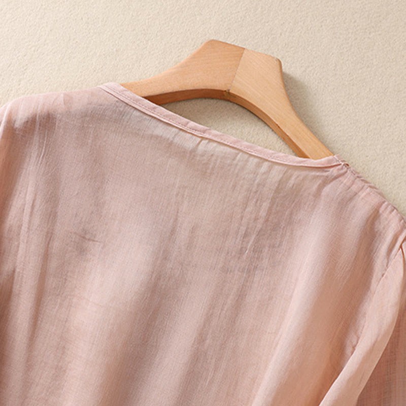 Artistic Plain Floral Embroidered Design Crew Neck Puff Half Sleeve Cotton Linen Women's T-Shirt