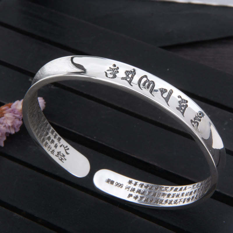 999 Sterling Silver Om Mani Padme Hum Heart Sutra Love Peace Bracelet Bangle