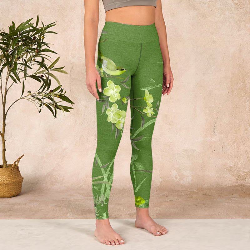 Magpie Flowers Branches Print Gym Leggings Women's Yoga Pants