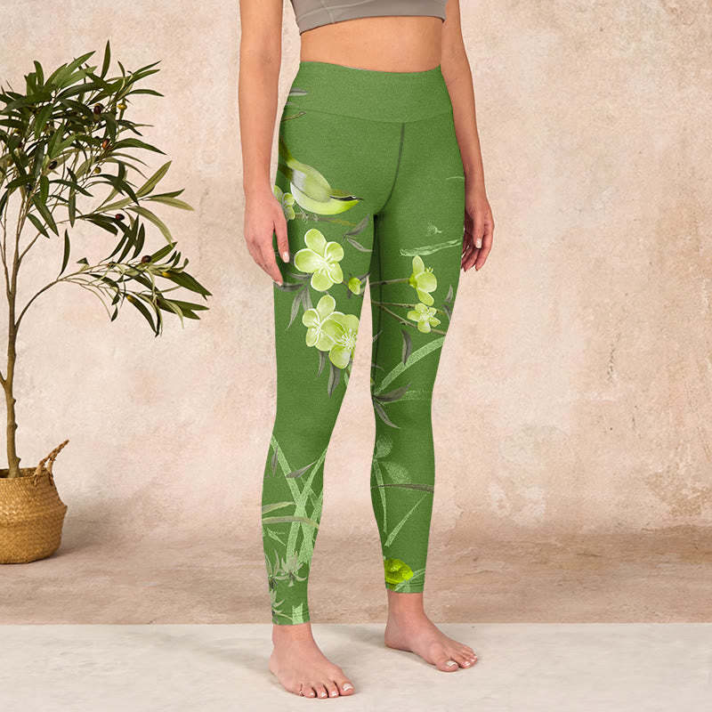 Magpie Flowers Branches Print Gym Leggings Women's Yoga Pants