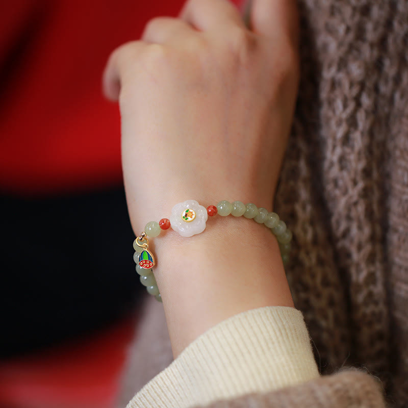 925 Sterling Silver Plated Gold Natural Hetian Jade Bead Gourd Lotus Bamboo Fu Character Luck Bracelet