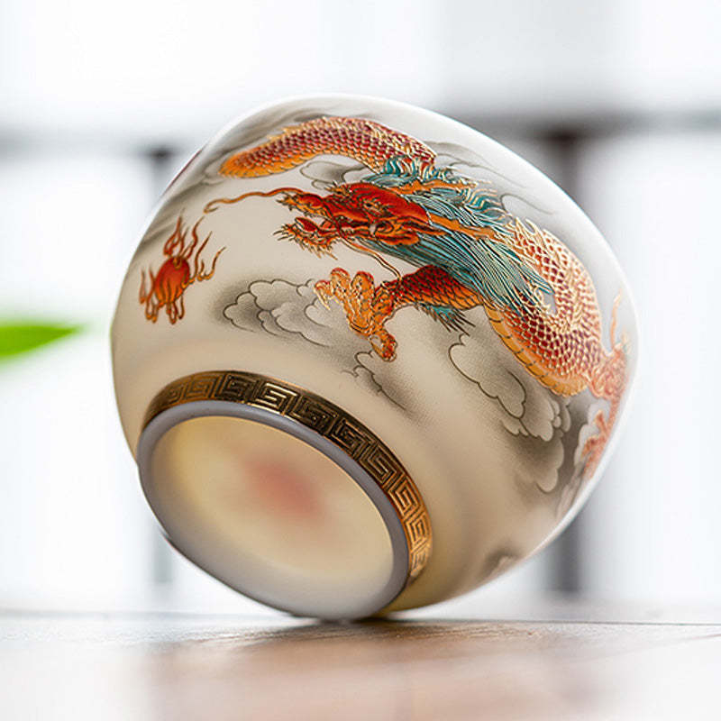 Dragon Phoenix Auspicious Clouds Ceramic Teacup Kung Fu Tea Cup With Gift Box