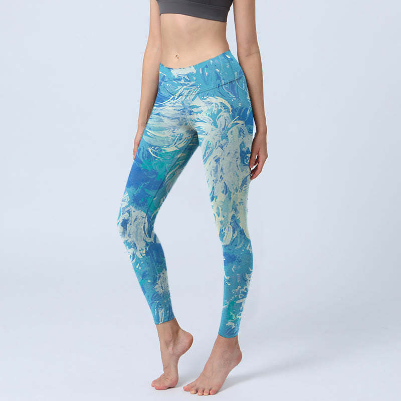 Blue Abstract Oil Paint Water Pattern Print Gym Leggings Women's Yoga Pants