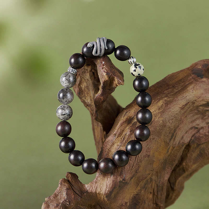 Ebony Wood Black Rutilated Quartz 925 Sterling Silver Year Of The Snake Balance Bracelet