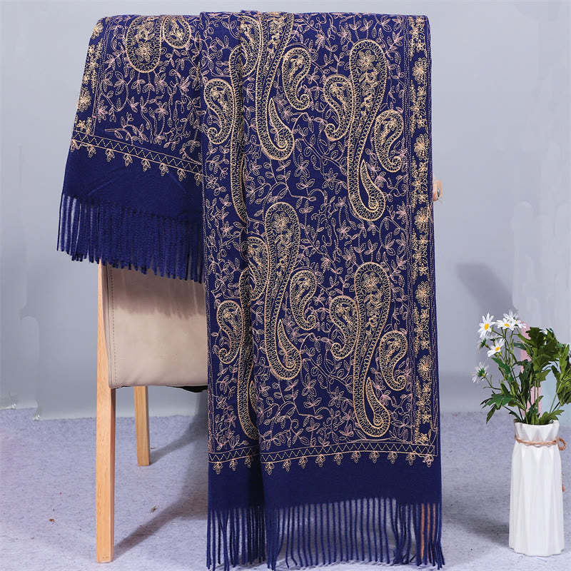 Rayon Fabric Shawl Golden Cashew Flowers Embroidery Tassel Winter Cozy Travel Scarf Wrap