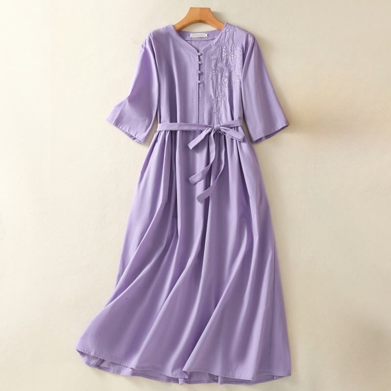 Summer Orchid Embroidery Lace-Up V-Neck Half Sleeve Cotton Linen Midi Dress With Pockets