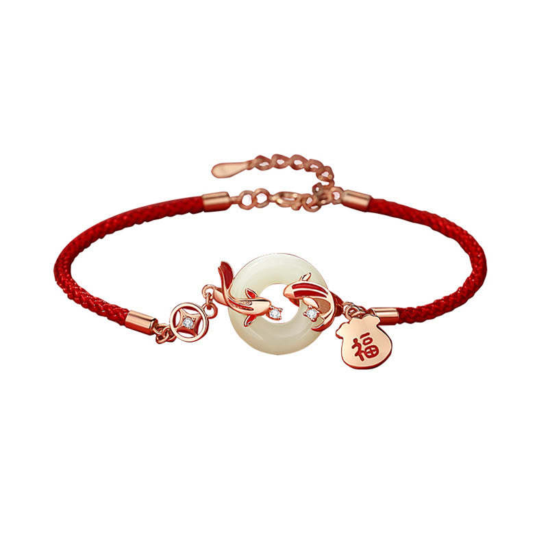 Natural Hetian Jade Red String 925 Sterling Silver Plated Gold Koi Fish Lucky Bag Fu Character Peace Buckle Luck Bracelet