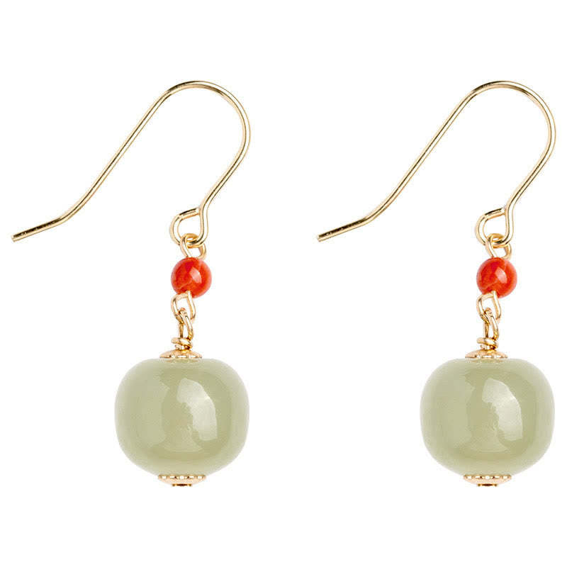 925 Sterling Silver 14K Gold Plated Hetian Jade Red Agate Luck Drop Dangle Earrings