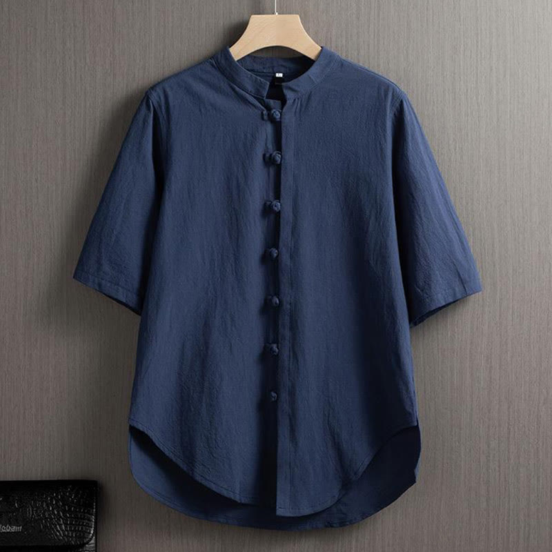 Frog-Button Plain Chinese Tang Suit Short Sleeve Shirt Cotton Linen Men Clothing