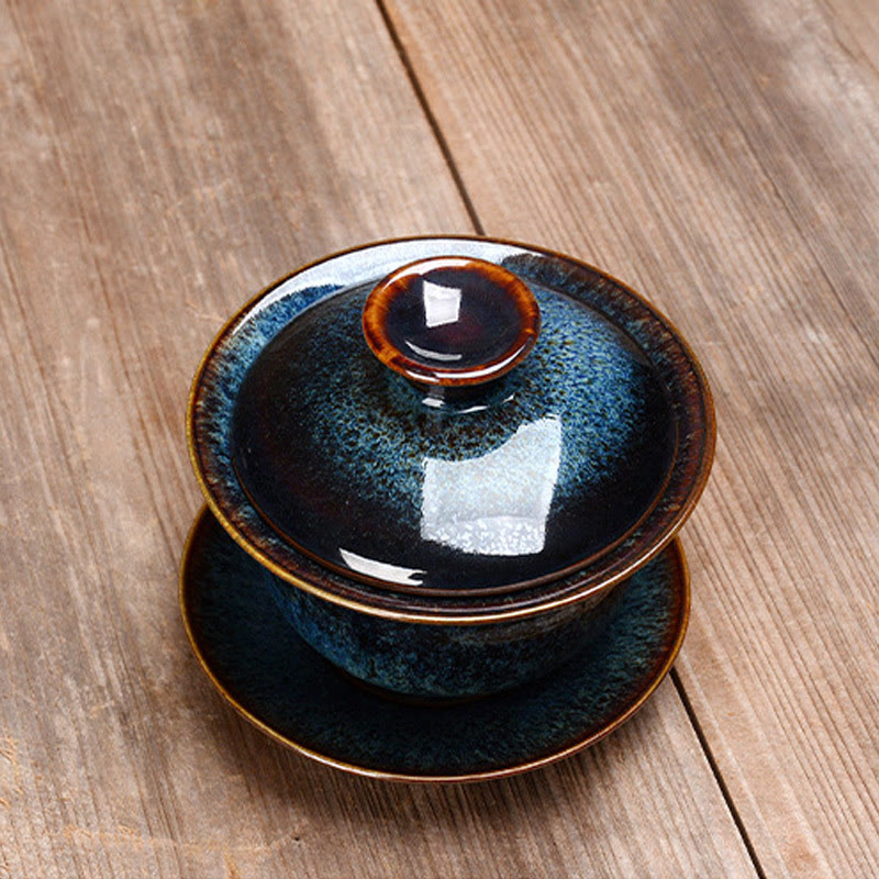 Vintage Kiln Change Design Ceramic Gaiwan Sancai Teacup Kung Fu Tea Cup And Saucer With Lid
