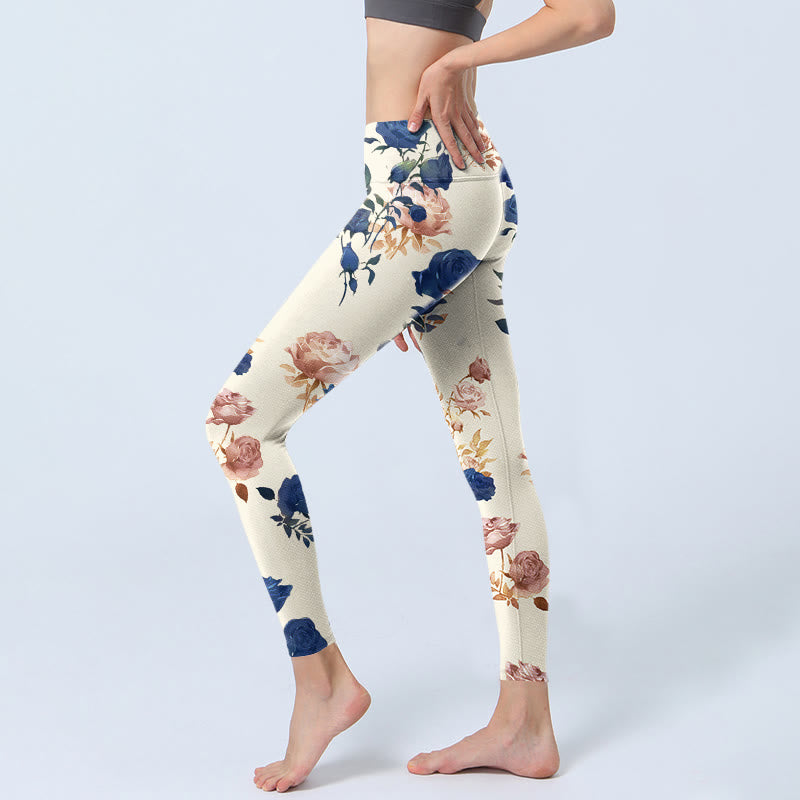 Red Blue Rose Leaf Print Gym Leggings Women's Yoga Pants