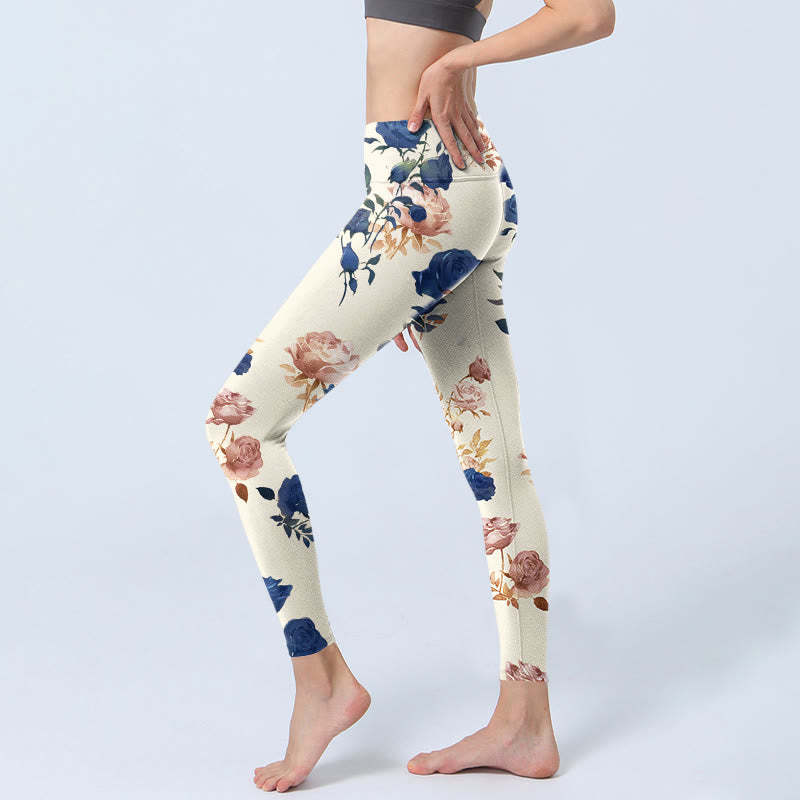 Red Blue Rose Leaf Print Gym Leggings Women's Yoga Pants
