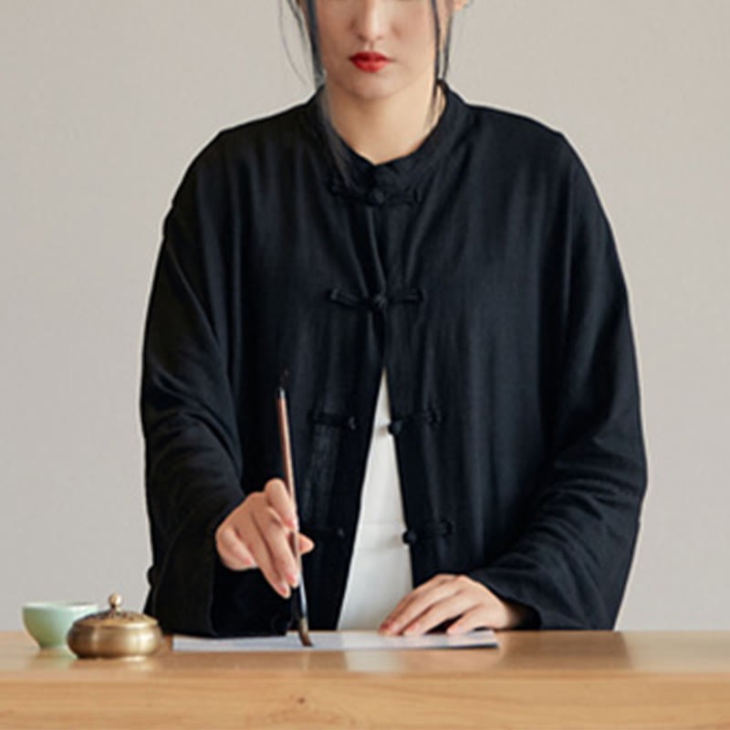 Plain Frog-Button Design Shirt Zen Tai Chi Meditation Top Clothing Cotton Linen Jacket