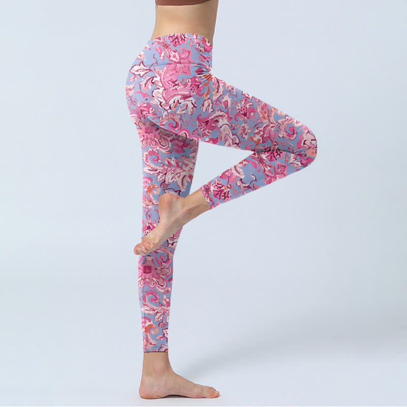 Pink Flowers Print Gym Fitness Leggings Women's Yoga Pants
