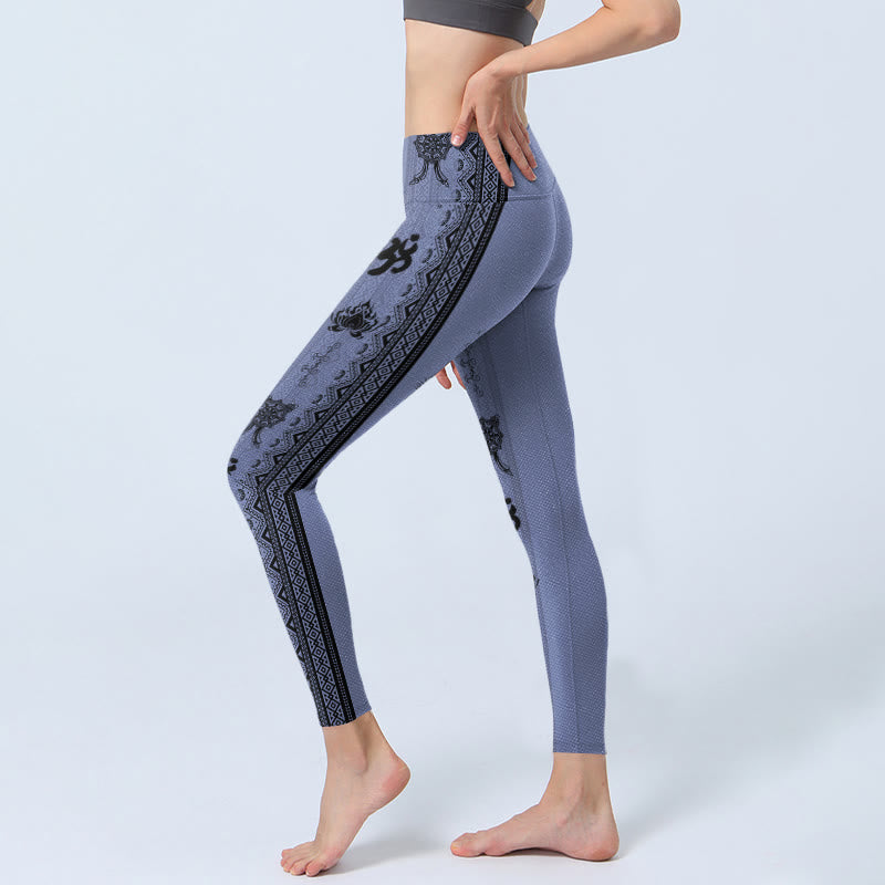 Blue Stitching Sanskrit Word Om Lotus Pattern Print Gym Leggings Women's Yoga Pants
