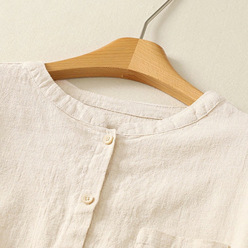 Casual Women's Loose Standing Collar Long Sleeve Design Plain Cotton Linen Shirt