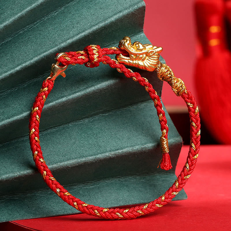 999 Sterling Silver Handcrafted Dragon Luck Eight Thread Knot Red String Braided Bracelet