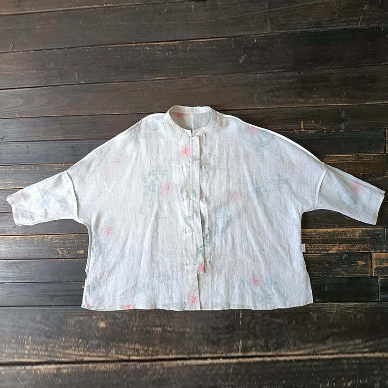 White Red Flowers Green Leaves Frog-Button Long Sleeve Ramie Linen Jacket Shirt