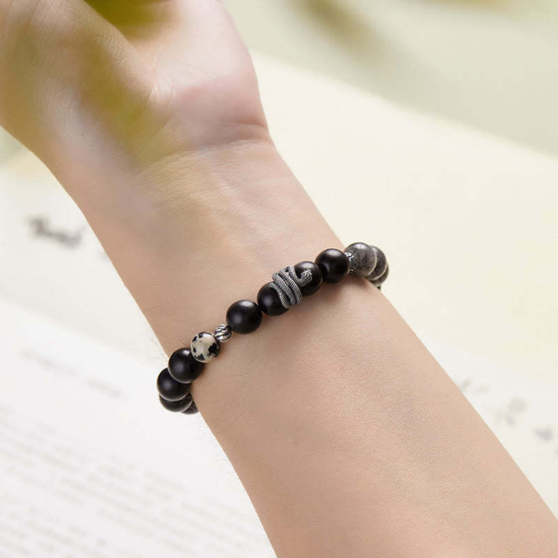 Ebony Wood Black Rutilated Quartz 925 Sterling Silver Year Of The Snake Balance Bracelet