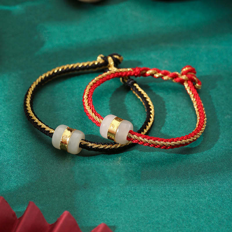 999 Gold Hetian White Jade Om Mani Padme Hum Fu Character Luck Braided Bracelet