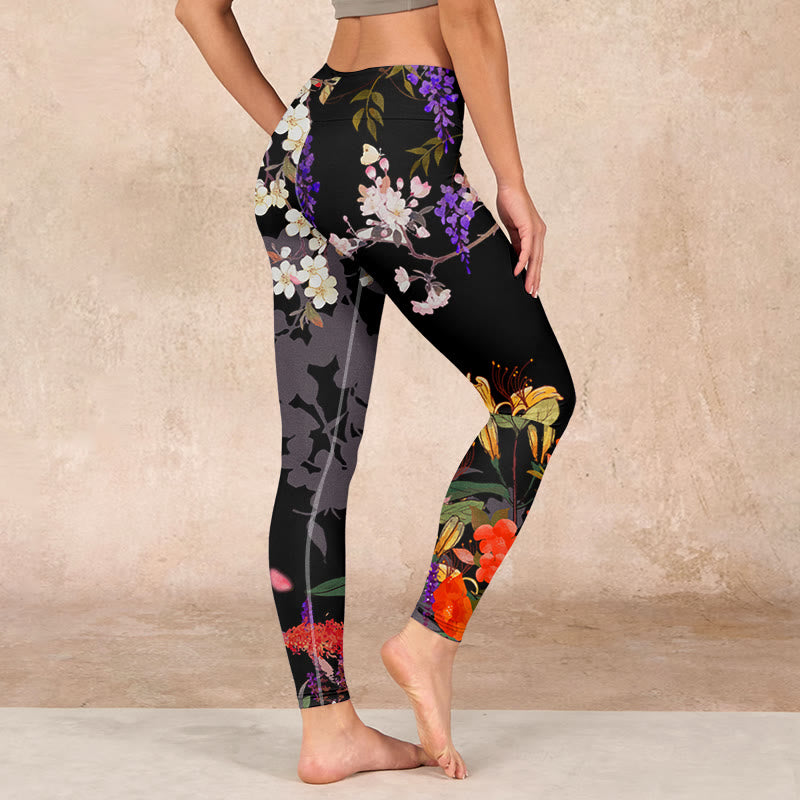 Black Colorful Flowers Print Gym Leggings Women's Yoga Pants
