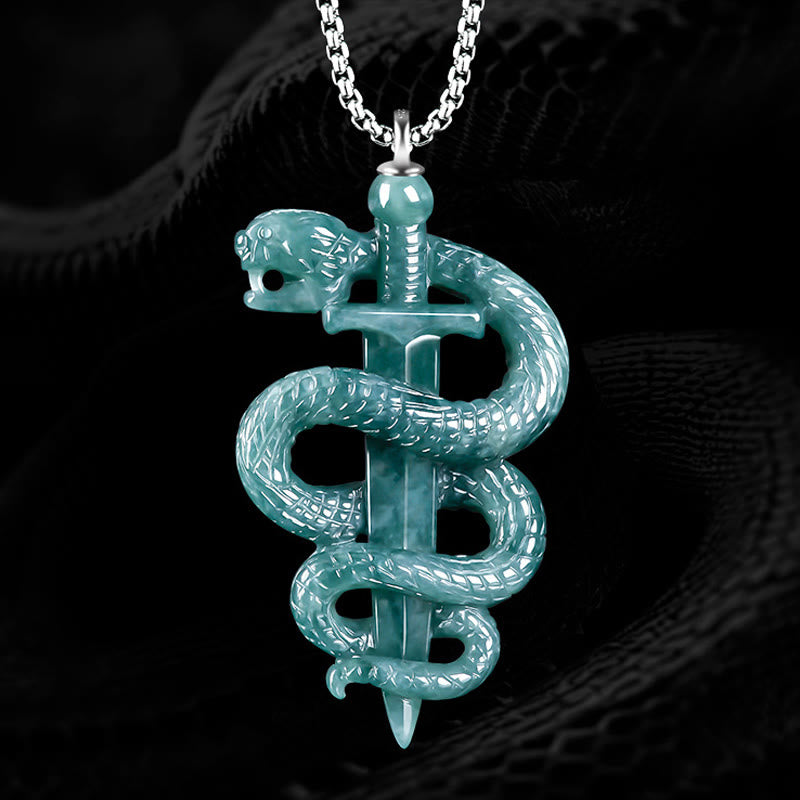 925 Sterling Silver Natural Jade Year Of The Snake Sword Luck Necklace Pendant