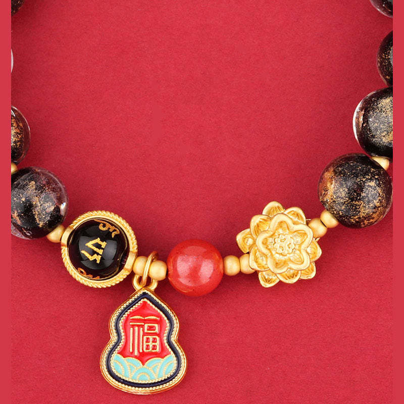 Tibet Om Mani Padme Hum Fu Character Gourd Charm Lotus Liuli Glass Bead Luck Bracelet