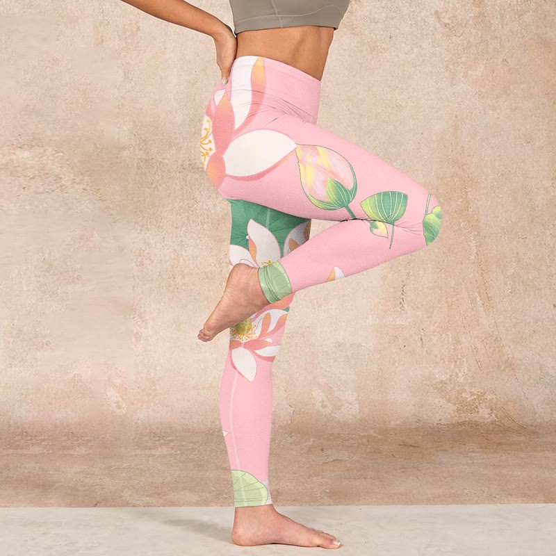 Pink Lotus Flower Leaf Print Gym Fitness Leggings Women's Yoga Pants