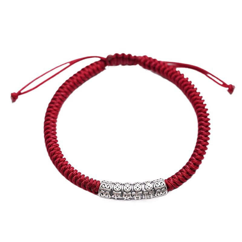 Handmade 999 Sterling Silver Peace and Good Fortune Om Mani Padme Hum Luck?Rope Bracelet