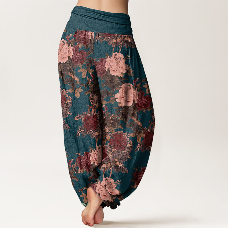 Casual Lush Peony Flowers Leaf Pattern Women's Elastic Waist Harem Pants