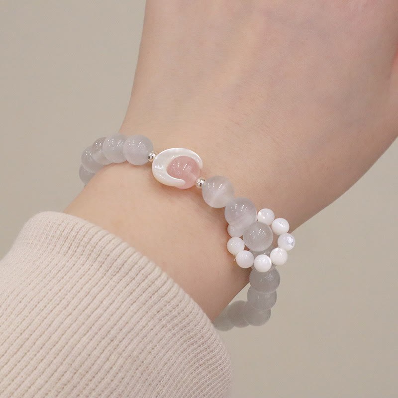 925 Sterling Silver Natural Amethyst Aquamarine Pink Crystal Cat's Eye Healing Crescent Moon Bracelet