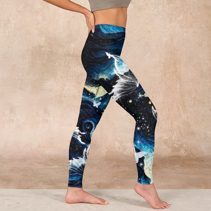 Blue Butterfly Water Waves Moon Print Gym Leggings Women's Yoga Pants