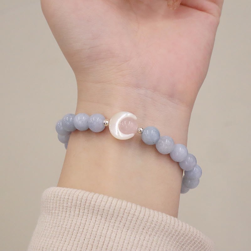 925 Sterling Silver Natural Amethyst Aquamarine Pink Crystal Cat's Eye Healing Crescent Moon Bracelet