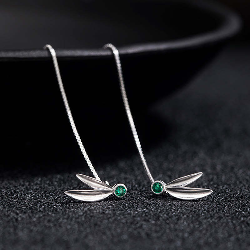 925 Sterling Silver Zircon Pearl Bamboo Leaves Protection Drop Earrings