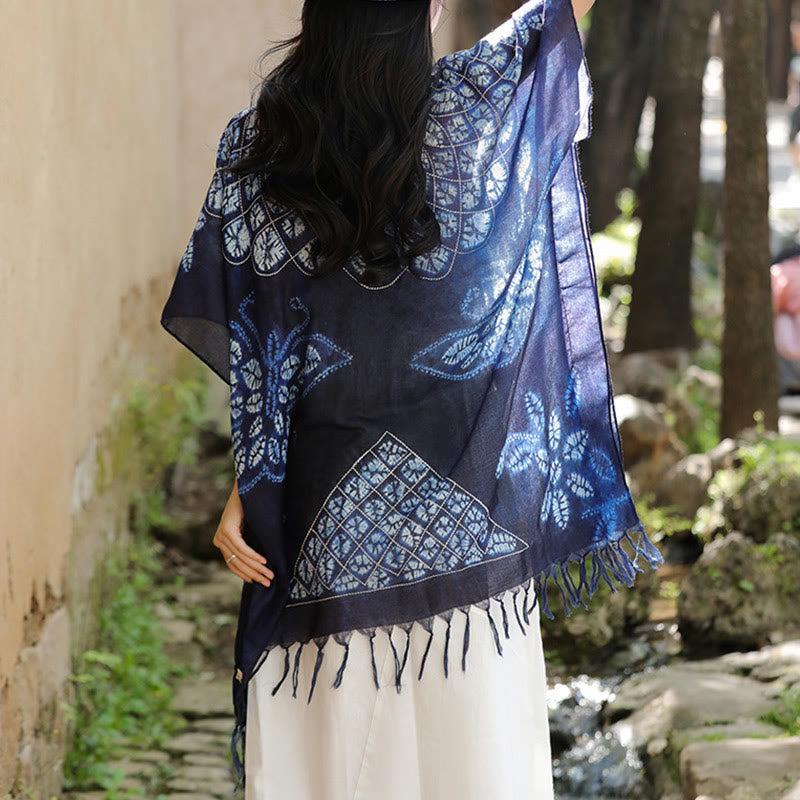 Blue Butterfly Batik Shawl Tassels Cozy Travel Pullover 90*95cm