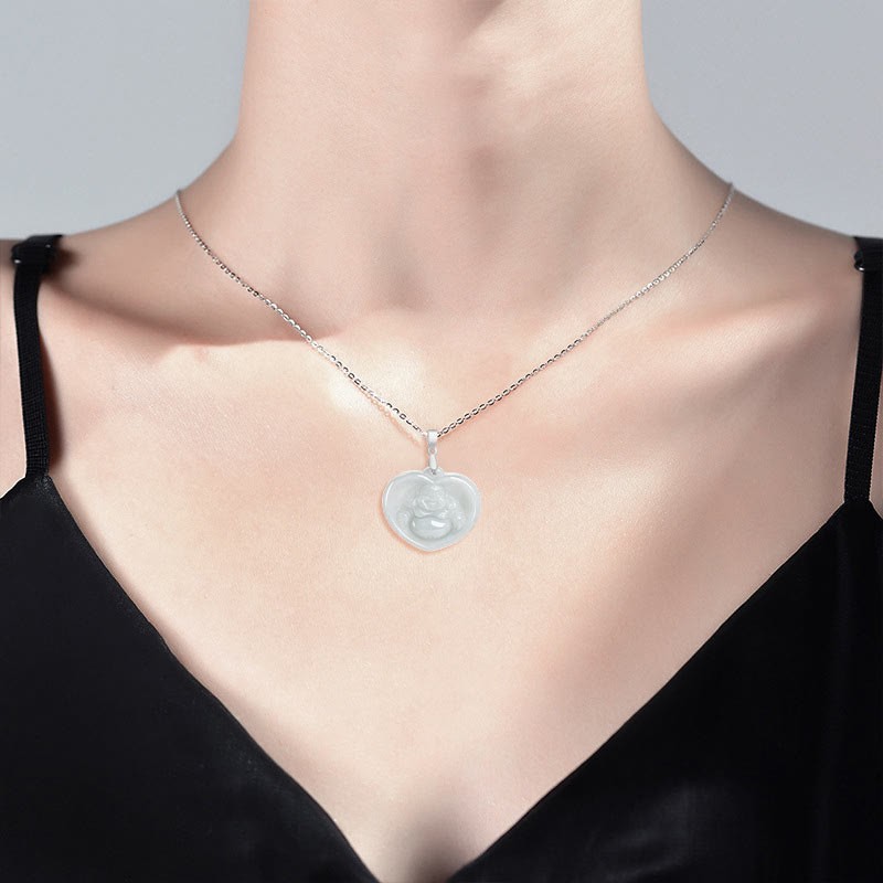 925 Sterling Silver Laughing mystic zen White Jade Luck Blessing Necklace Pendant