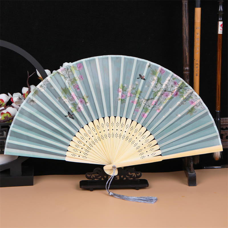 Classic Birds Singing Flowers Handheld Bamboo Folding Fan