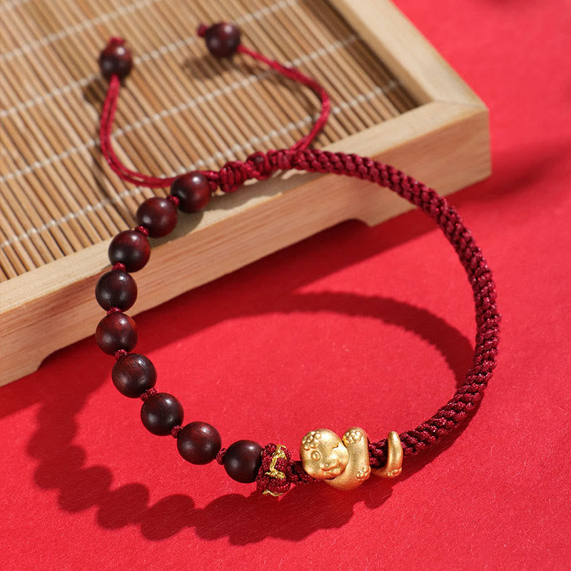 Small Leaf Red Sandalwood Ebony Wood Beads 999 Year Of The Snake Cotton Rope Protection Braided Bracelet
