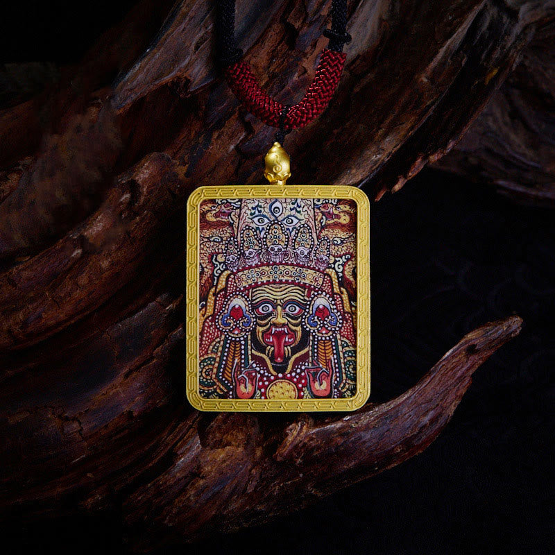 Tibetan Zakiram Nine-Tailed Fox Yellow God of Wealth Painted Thangka Hope Necklace Pendant