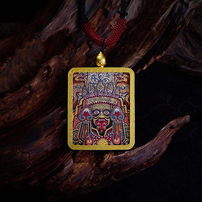 Tibetan Zakiram Nine-Tailed Fox Yellow God of Wealth Painted Thangka Hope Necklace Pendant