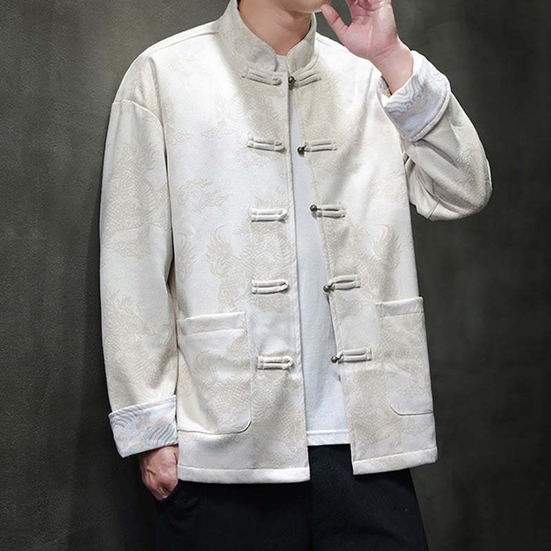 Chinese New Year Kirin Print Frog-button Tang Suit Men's Jacket Shirt With Pockets