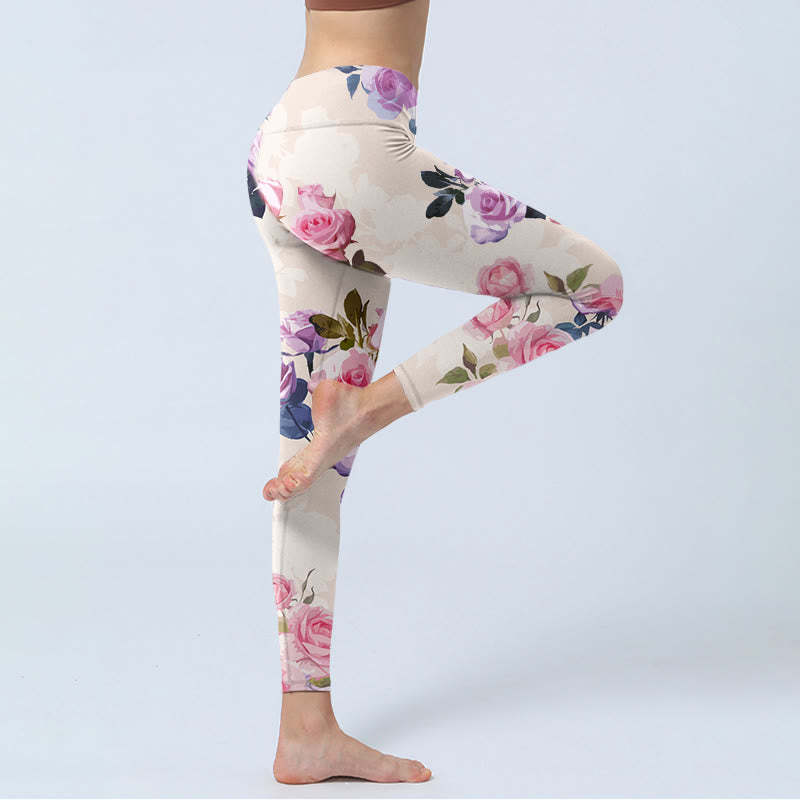 Beige Rose Flowers Print Gym Leggings Women's Yoga Pants