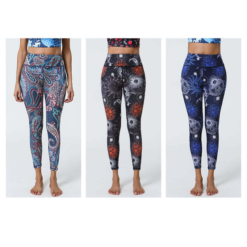 Flowers Feathers Sun Moon Print Sports Fitness Yoga High Waist Leggings Women's Pants