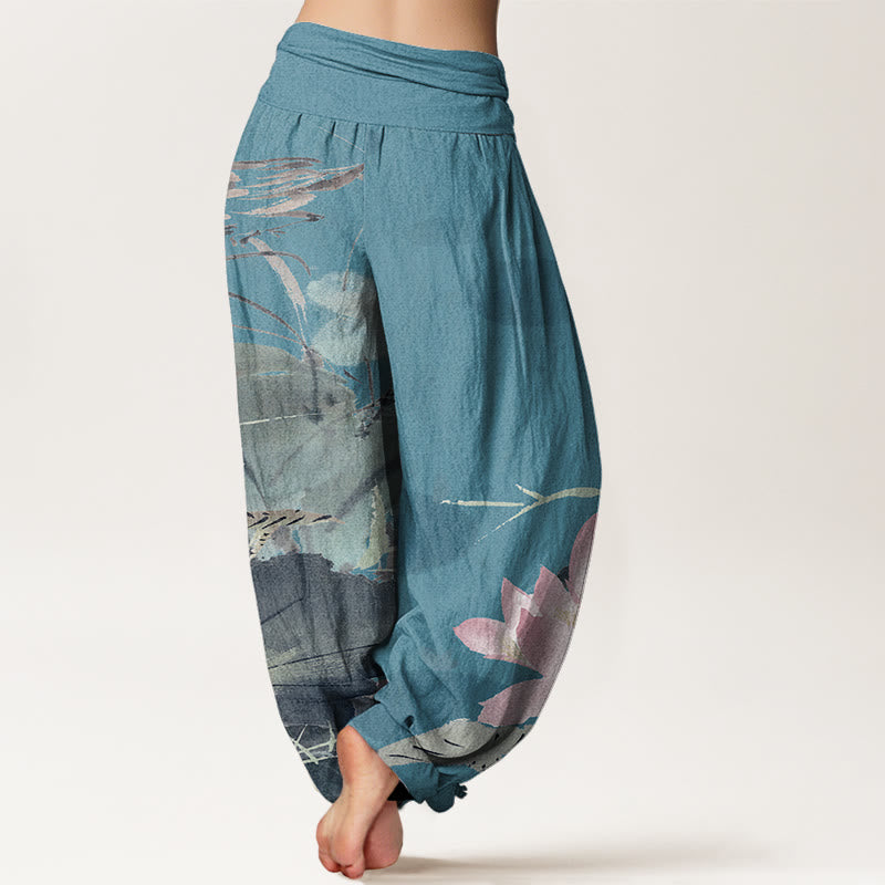 Pink Lotus Leaves Bird Pattern Women's Elastic Waist Harem Pants