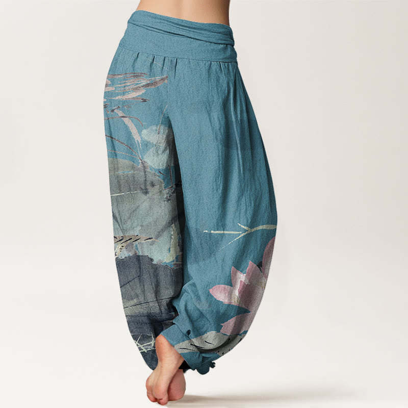 Pink Lotus Leaves Bird Pattern Women's Elastic Waist Harem Pants
